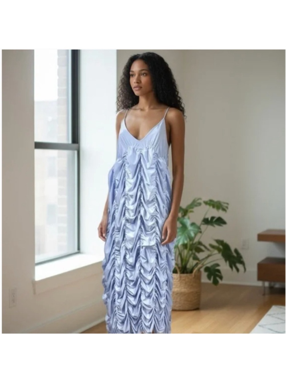 Ester Manas Periwinkle One Size Spaghetti Straps Ruched Stretch Midi Dress OS - Picture 1 of 5